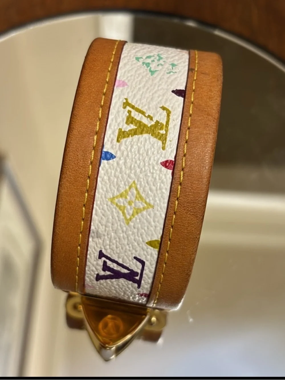 Louis Vuitton White Multicolor Monogram Leather Bracelet with Gold Hardware EUC